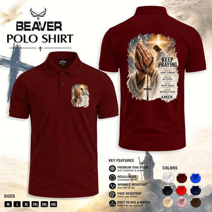 Keep Praying Christian Polo Shirt, Jesus Prayer Cross Graphic, Religious Church & Casual Wear