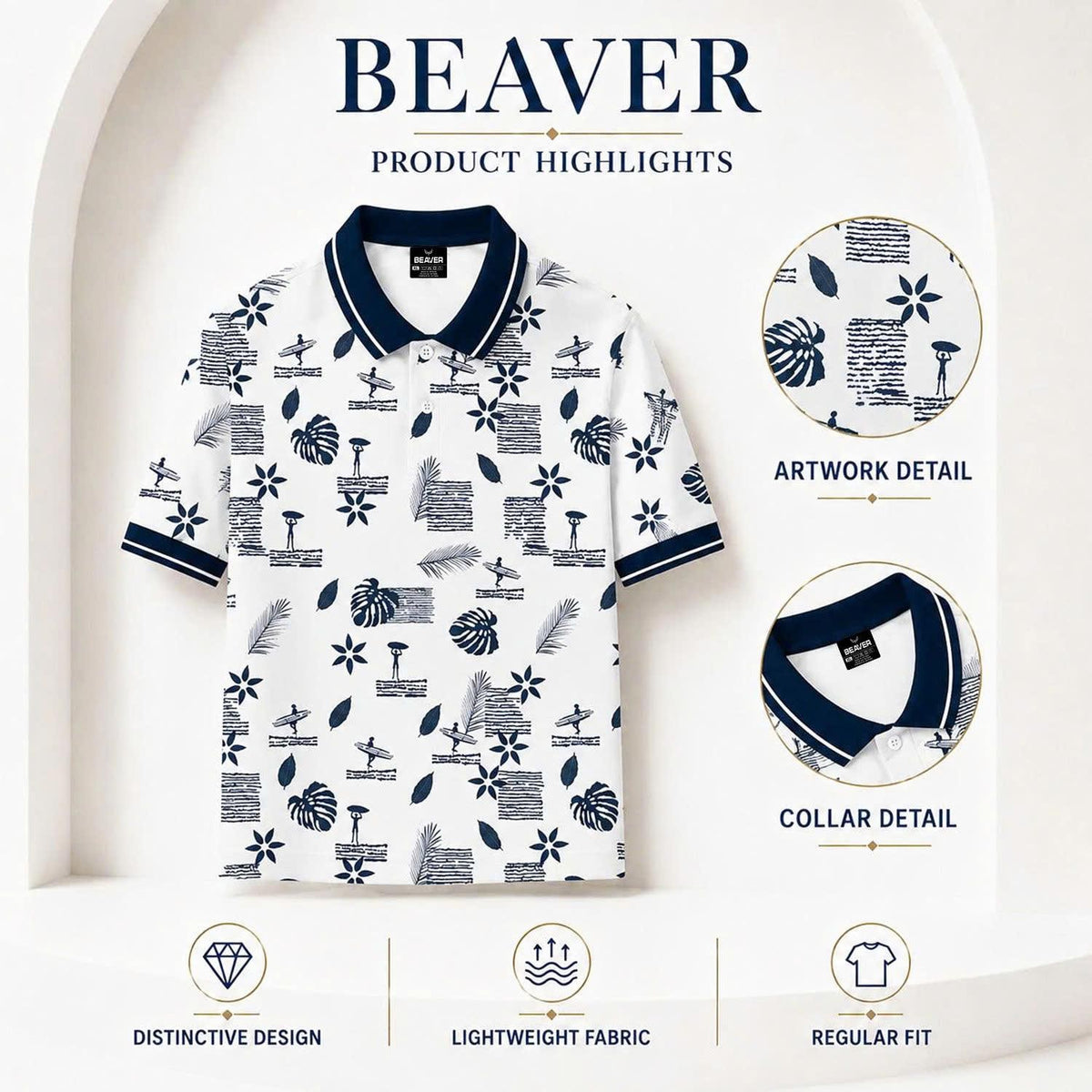 Tropical Print Polo Shirt, Surf Style Pattern, Beach Summer Top