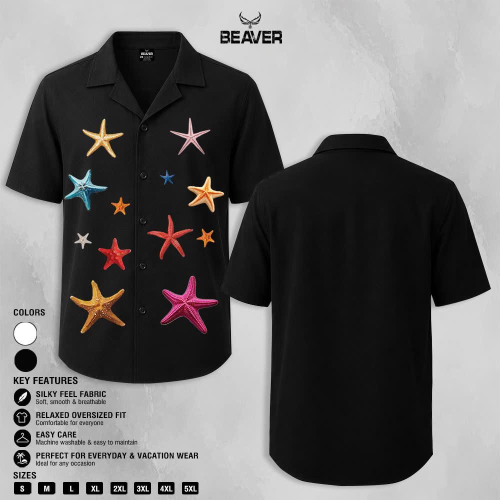 Colorful Starfish Graphic Shirt, Ocean Inspired Print, Casual Short Sleeve Button Up Shirt