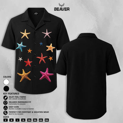 Colorful Starfish Graphic Shirt, Ocean Inspired Print, Casual Short Sleeve Button Up Shirt