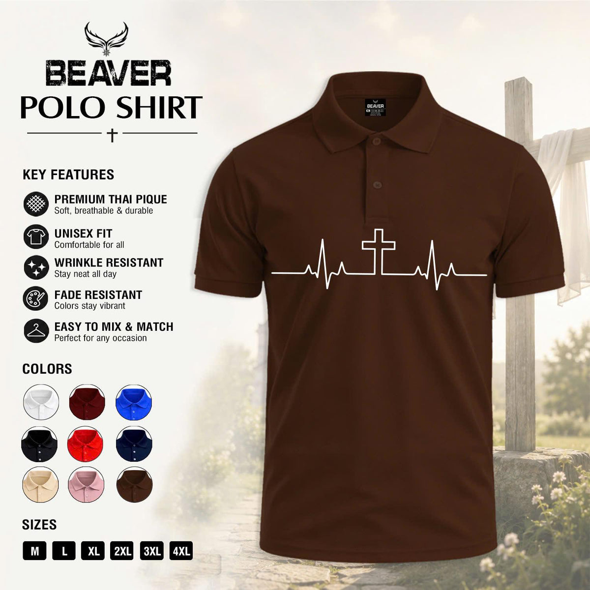 Heartbeat Cross Polo Shirt, Faith Inspired Design, Men's Casual Short Sleeve Top