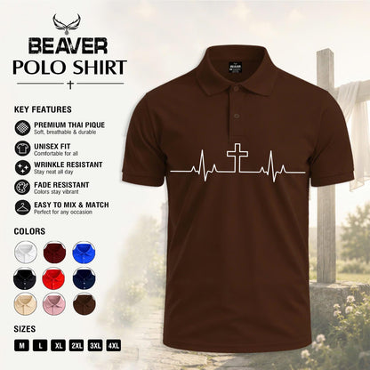 Heartbeat Cross Polo Shirt, Faith Inspired Design, Men's Casual Short Sleeve Top