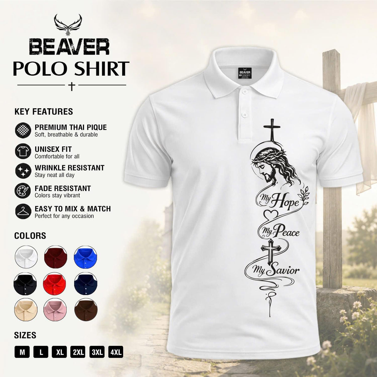 Hope Peace Savior Cross Graphic Polo Shirt, Men's Casual Short Sleeve Top, Christian Design