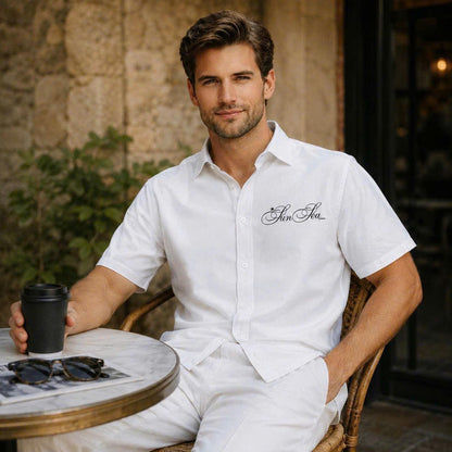 Sun Sea Script Graphic Shirt, Minimalist Coastal Design, Casual Short Sleeve Button Up Shirt
