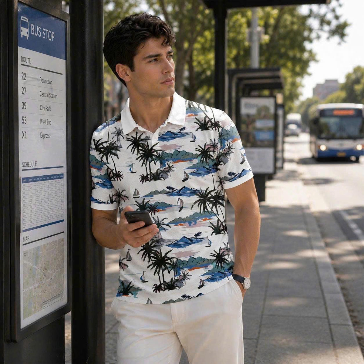 Island Paradise Polo Shirt, Palm Tree Sailboat Print, Casual Short Sleeve Collared Shirt