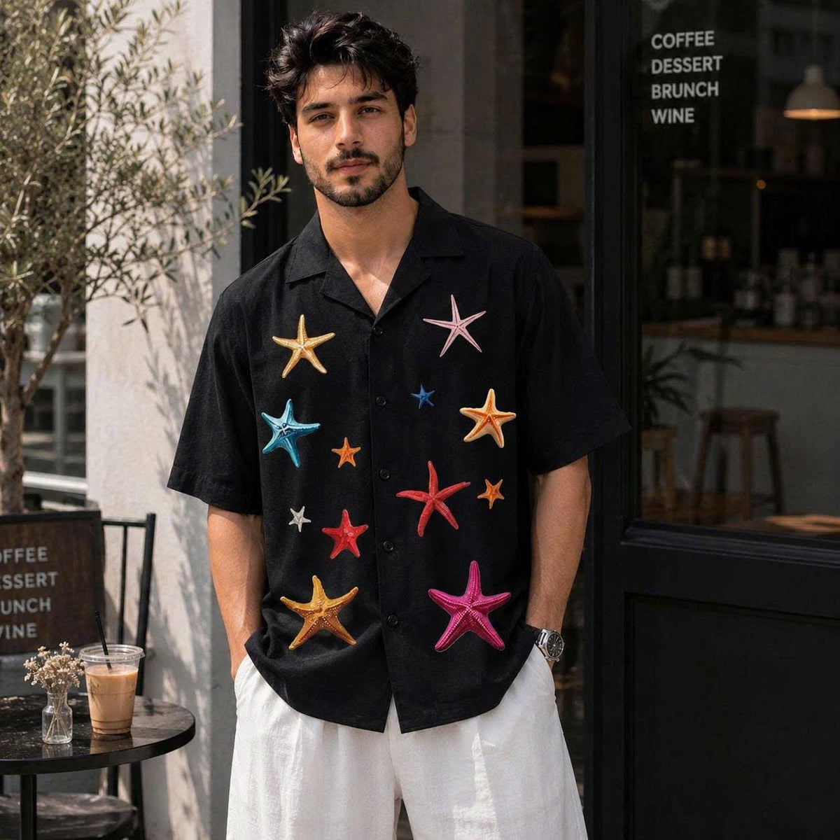 Colorful Starfish Graphic Shirt, Ocean Inspired Print, Casual Short Sleeve Button Up Shirt