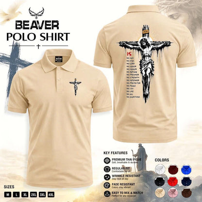 Crucifix Graphic Polo Shirt, Vintage Cross Print, Men's Casual Short Sleeve Top