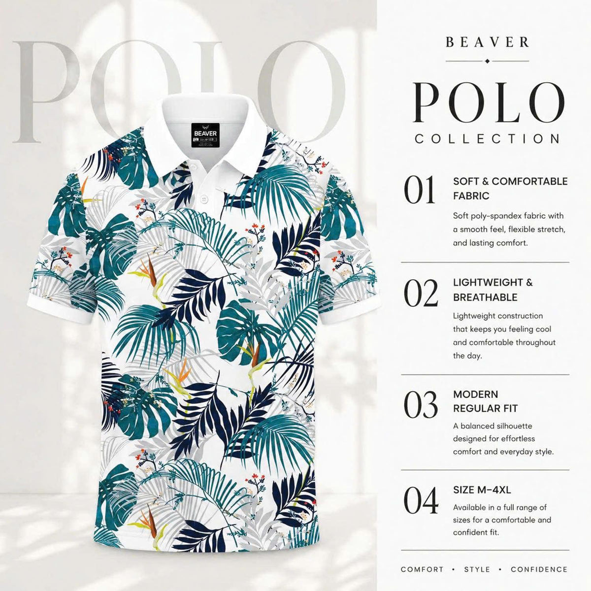 Tropical Leaf Print Polo Shirt, Botanical Pattern, Summer Vacation Top
