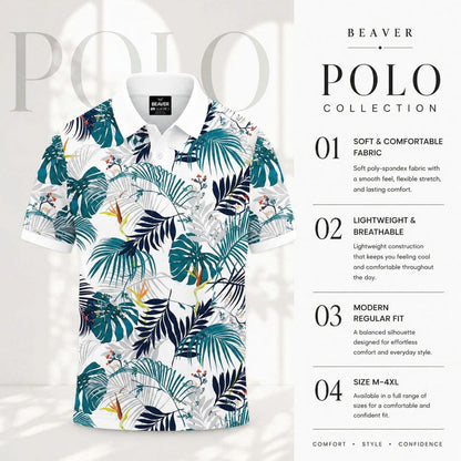 Tropical Leaf Print Polo Shirt, Botanical Pattern, Summer Vacation Top