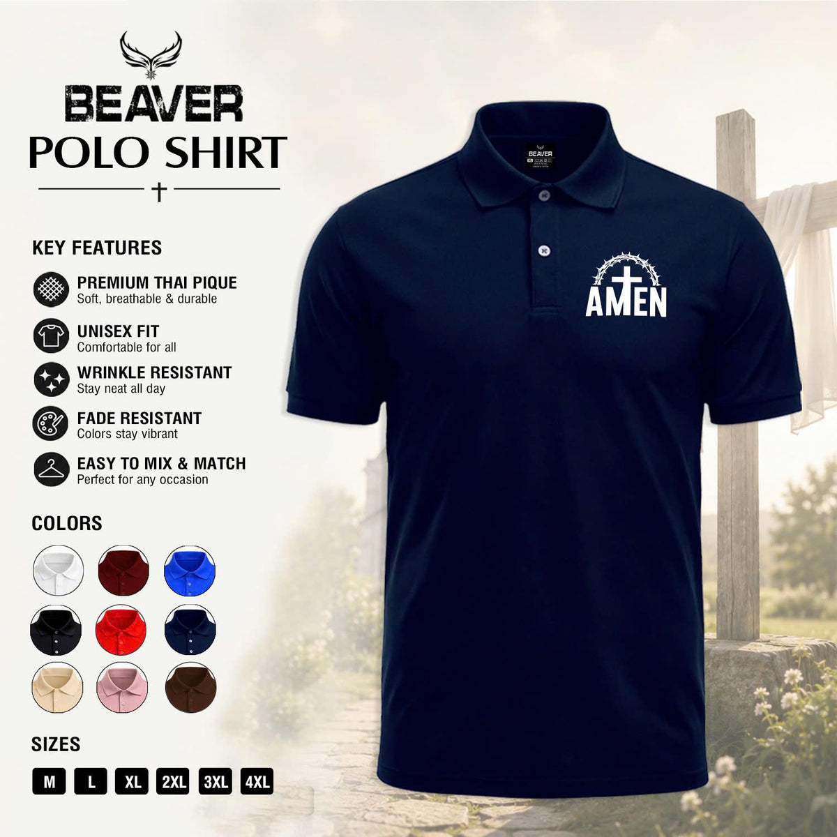 Amen Cross Graphic Polo Shirt, Crown of Thorns Design, Men's Casual Short Sleeve Top