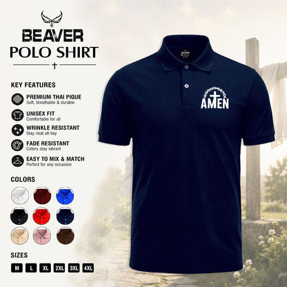 Amen Cross Graphic Polo Shirt, Crown of Thorns Design, Men's Casual Short Sleeve Top