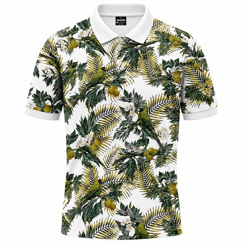Botanical Garden Polo Shirt, Palm Leaf & Bird Print, Casual Short Sleeve Collared Shirt