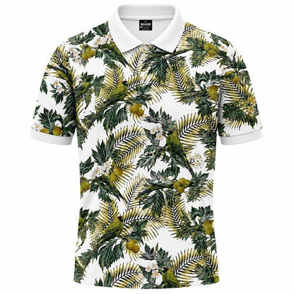 Botanical Garden Polo Shirt, Palm Leaf & Bird Print, Casual Short Sleeve Collared Shirt