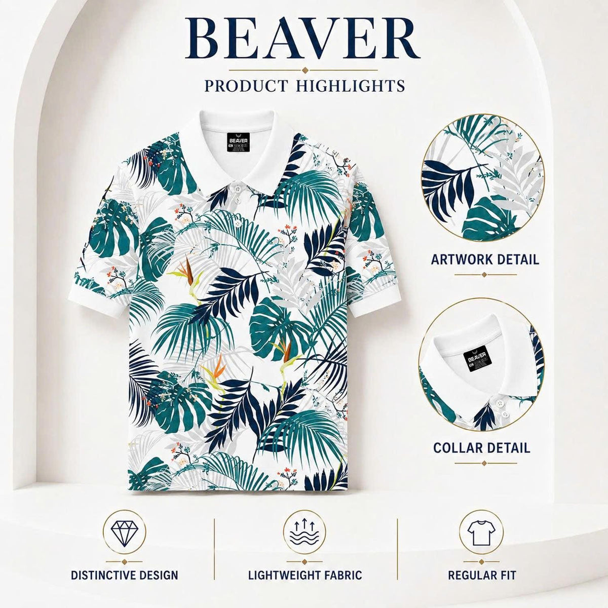 Tropical Leaf Print Polo Shirt, Botanical Pattern, Summer Vacation Top