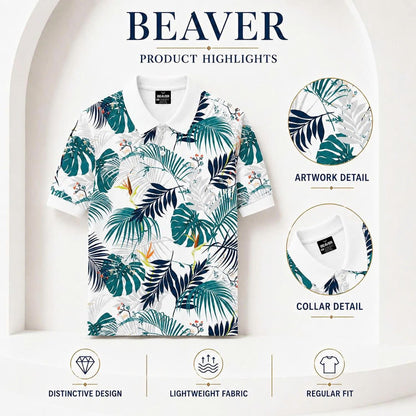 Tropical Leaf Print Polo Shirt, Botanical Pattern, Summer Vacation Top