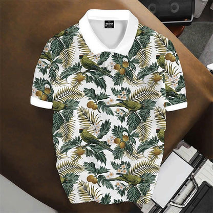 Botanical Garden Polo Shirt, Palm Leaf & Bird Print, Casual Short Sleeve Collared Shirt