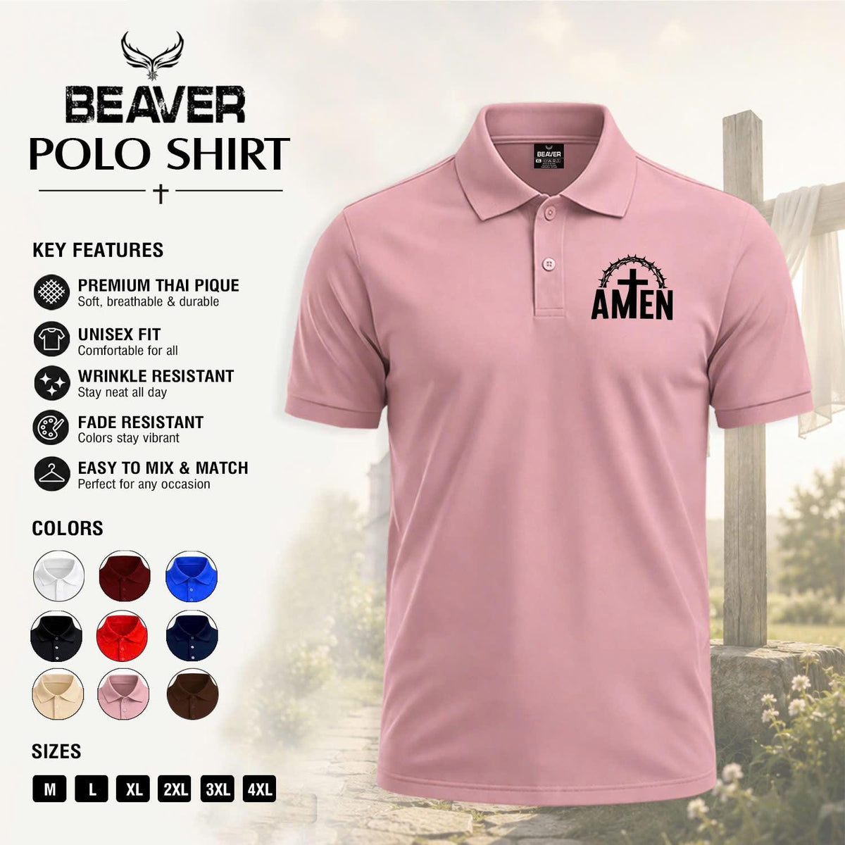 Amen Cross Graphic Polo Shirt, Crown of Thorns Design, Men's Casual Short Sleeve Top