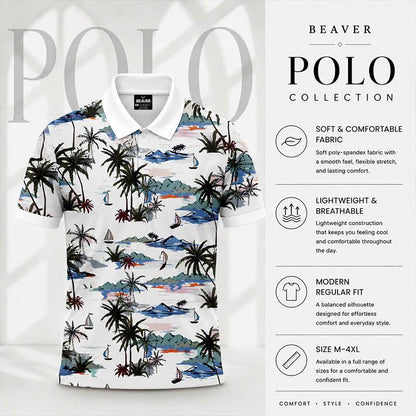 Island Paradise Polo Shirt, Palm Tree Sailboat Print, Casual Short Sleeve Collared Shirt