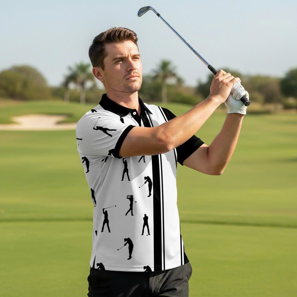 Men's Athletic Golf Polo 21 – Black & White Golfer Silhouette Stripe Polo Shirt