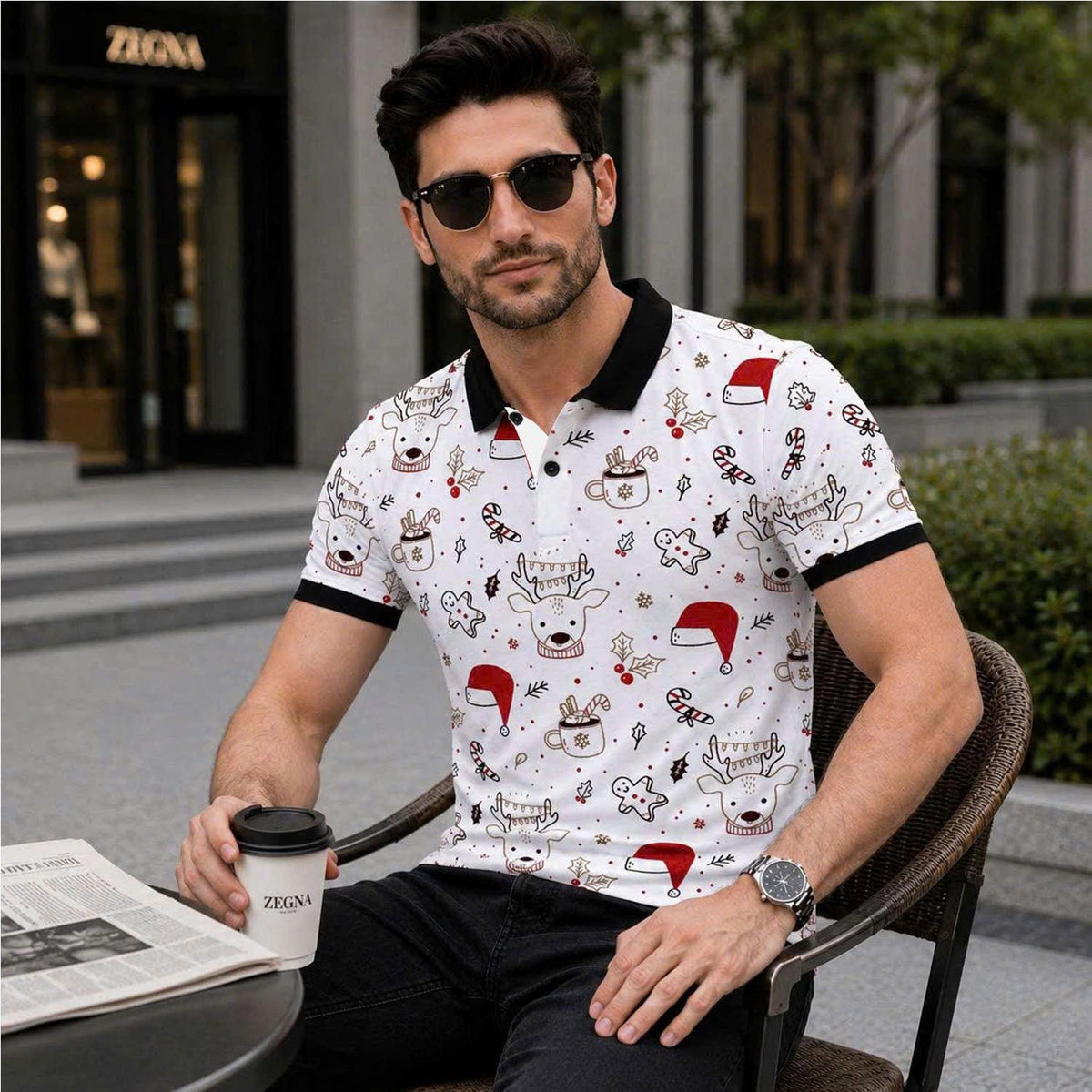 Mens Christmas Polo Shirt, Reindeer Santa Hat Print, Festive Holiday Outfit