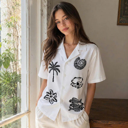 Tropical Ocean Graphic Shirt, Palm Tree Seashell Fish Print, Casual Short Sleeve Button Up