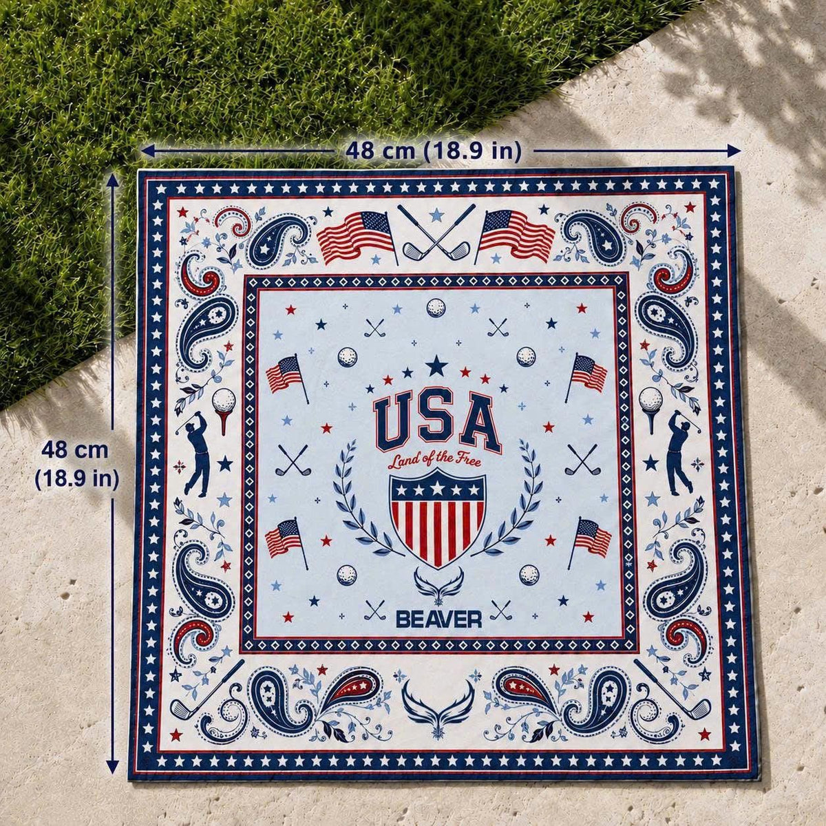 USA Golf Bandana – American Flag, Clubs & Paisley Print – Square Headband, Patriotic Accessory