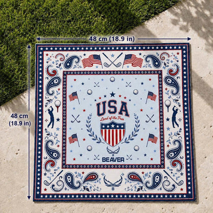 USA Golf Bandana – American Flag, Clubs & Paisley Print – Square Headband, Patriotic Accessory