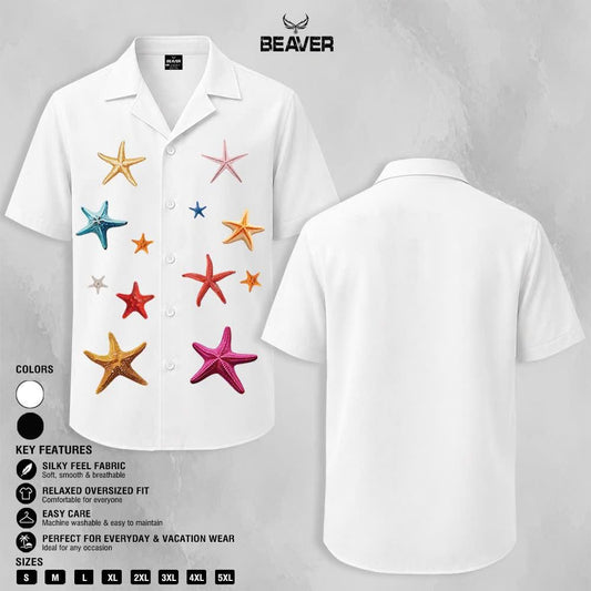 Colorful Starfish Graphic Shirt, Ocean Inspired Print, Casual Short Sleeve Button Up Shirt