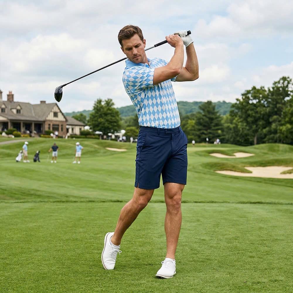 Men’s Athletic Golf Polo 05 – Light Blue Diamond Harlequin Pattern Polo Shirt