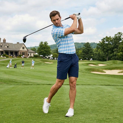 Men’s Athletic Golf Polo 05 – Light Blue Diamond Harlequin Pattern Polo Shirt