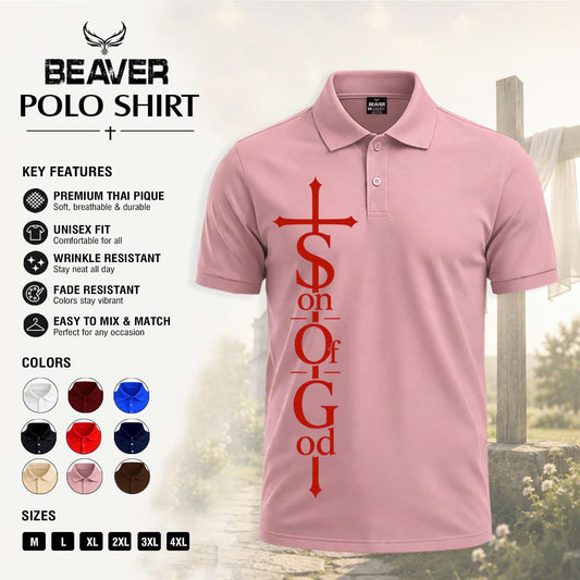 Son of God Cross Graphic Polo Shirt, Men's Casual Top, Vintage Christian Design