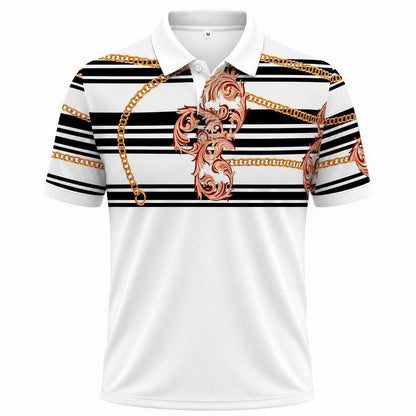 Vintage Baroque Chain Polo Shirt, Luxury Stripe Pattern, Unisex Fashion Top