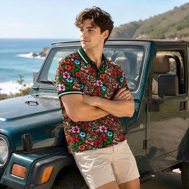 Tiki Mask Floral Polo Shirt, Hawaiian Hibiscus Print, Casual Short Sleeve Collared Shirt