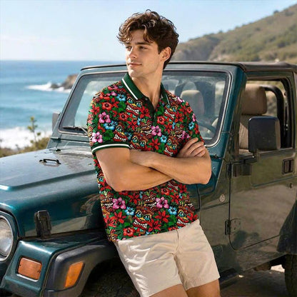 Tiki Mask Floral Polo Shirt, Hawaiian Hibiscus Print, Casual Short Sleeve Collared Shirt