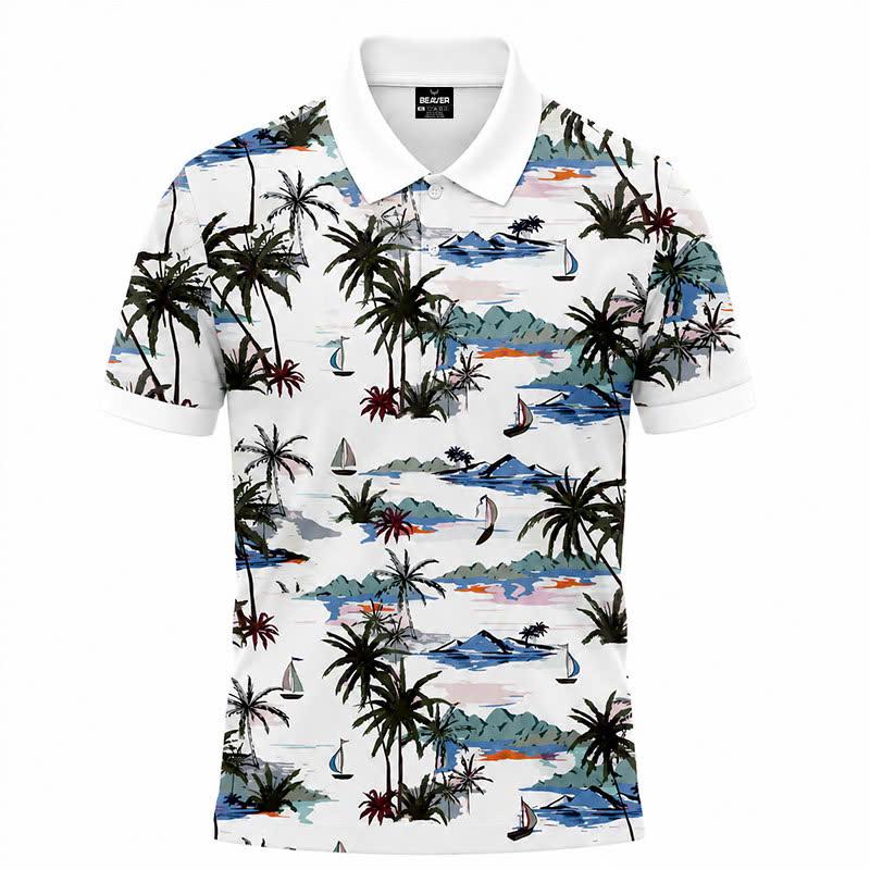 Island Paradise Polo Shirt, Palm Tree Sailboat Print, Casual Short Sleeve Collared Shirt
