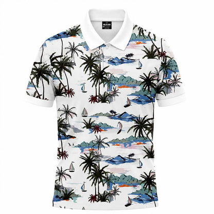 Island Paradise Polo Shirt, Palm Tree Sailboat Print, Casual Short Sleeve Collared Shirt