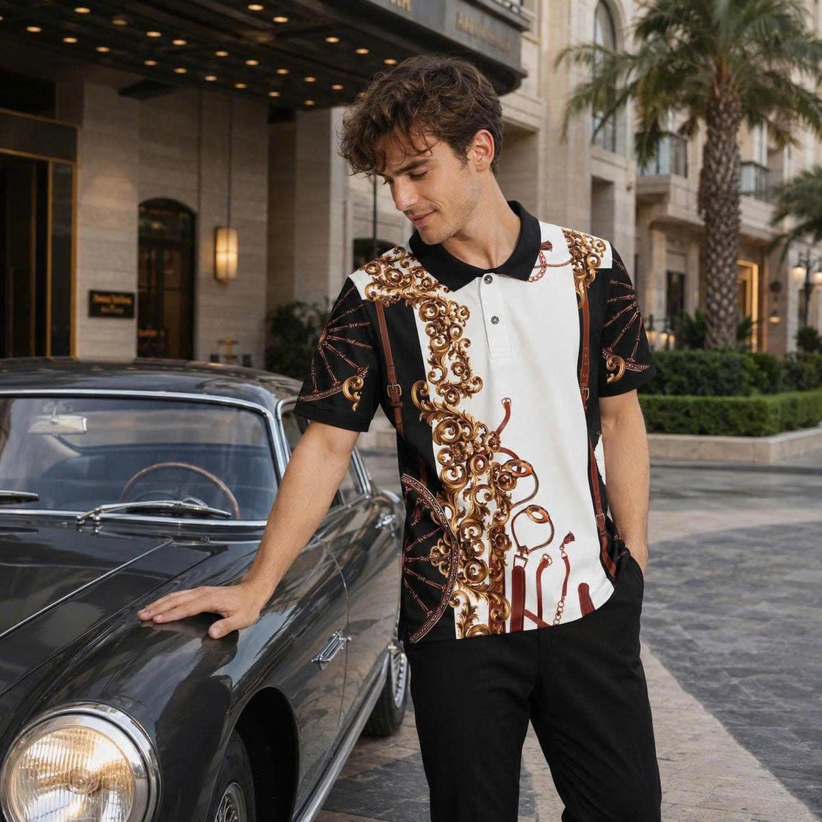 Baroque Ornamental Polo Shirt, Luxury Chain and Strap Print, Men’s Casual Collared Top