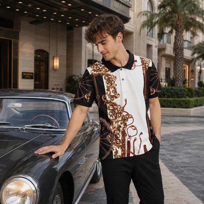 Baroque Ornamental Polo Shirt, Luxury Chain and Strap Print, Men’s Casual Collared Top