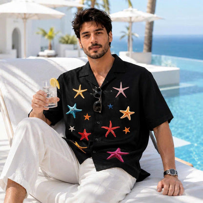 Colorful Starfish Graphic Shirt, Ocean Inspired Print, Casual Short Sleeve Button Up Shirt