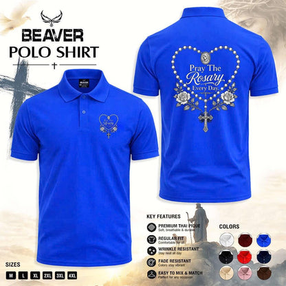 Pray The Rosary Every Day Polo Shirt, Sacred Rosary Heart Design, Men's Vintage Casual Top