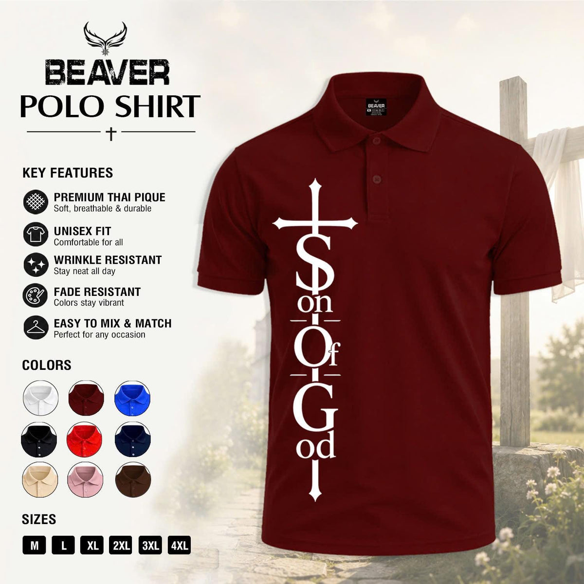 Son of God Cross Graphic Polo Shirt, Men's Casual Top, Vintage Christian Design