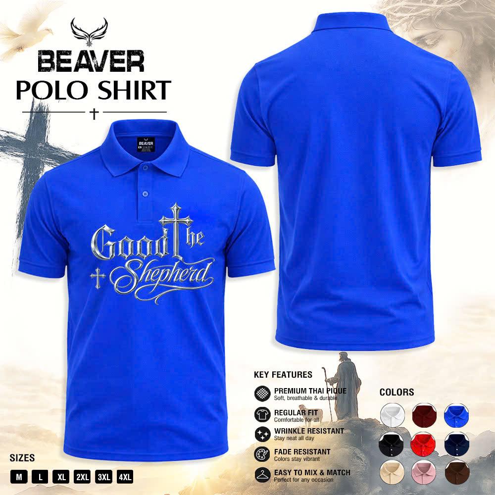 Good Shepherd Polo Shirt, Silver Cross Design, Men's Religious Golf Shirt