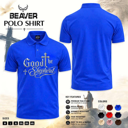 Good Shepherd Polo Shirt, Silver Cross Design, Men's Religious Golf Shirt