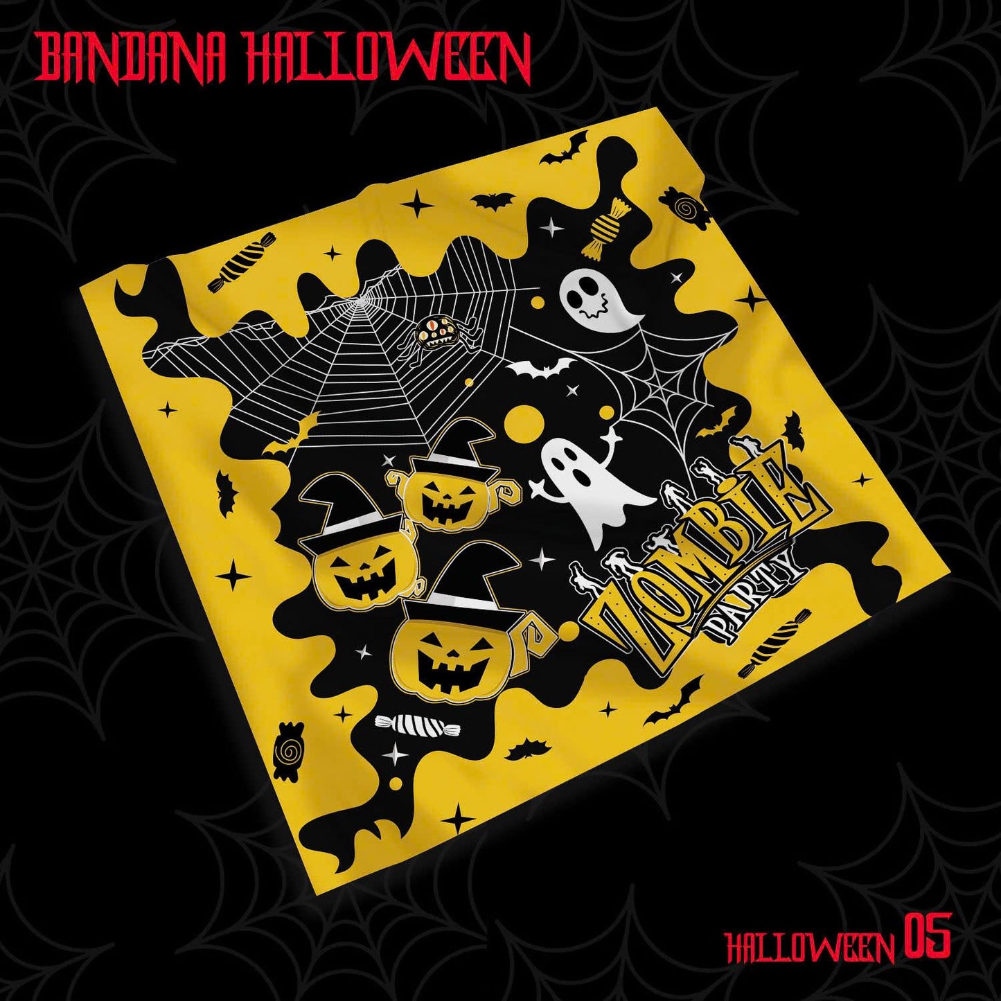 Halloween Bandana Scarf – Spooky Ghosts, Skulls, Pumpkins Print – Square Headband, Dog Scarf, Costume Accessory