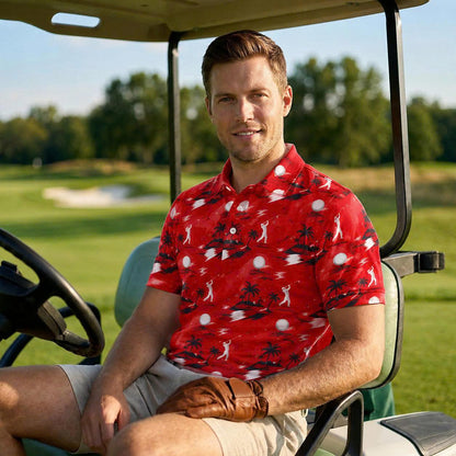 Men's Tropical Golf Polo Shirt – Red Palm Tree & Golfer Print Athletic Apparel