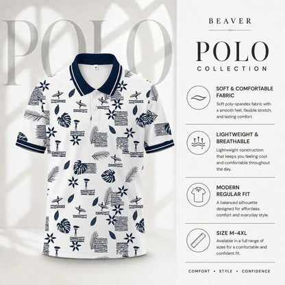 Tropical Print Polo Shirt, Surf Style Pattern, Beach Summer Top