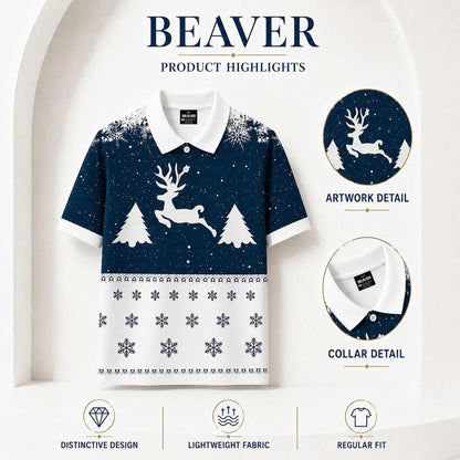 Men's Christmas Reindeer Polo Shirt, Blue Snowflake Holiday Tee
