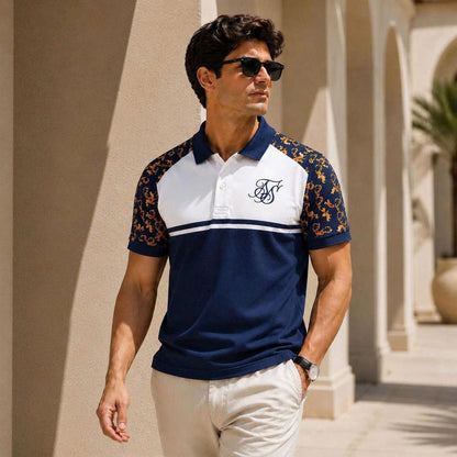 Men's Baroque Polo Shirt, Navy White Color Block Polo, Luxury Ornamental Print Top