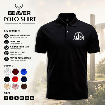 Amen Cross Graphic Polo Shirt, Crown of Thorns Design, Men's Casual Short Sleeve Top