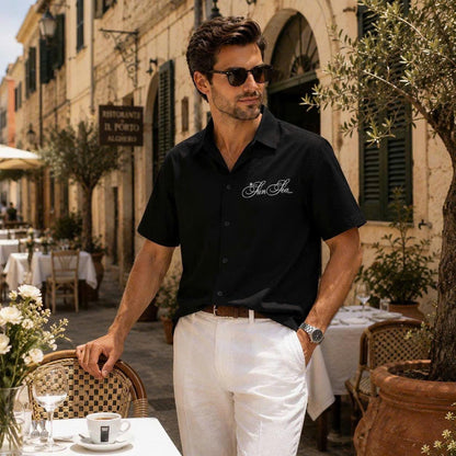 Sun Sea Script Graphic Shirt, Minimalist Coastal Design, Casual Short Sleeve Button Up Shirt